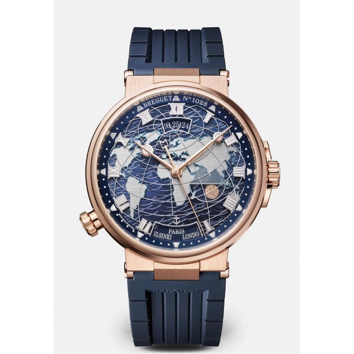 ROSE GOLD BLUE RUBBER DIAL WATCH WORLD TIME MARINE BREGUET 5557